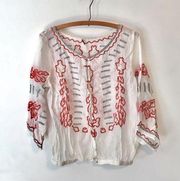 Free People  Embroidered Peasant Top Elastic Waist