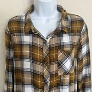 Thread + Supply Plaid Flannel Button Up Shirt Top Gold Navy Blue Women’s Large