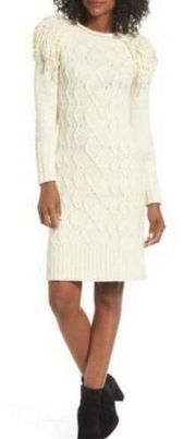 NEW Eliza J Cream Ivory Cable Knit Fringe Sweater Dress - Medium / M