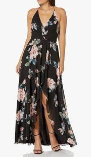 Jenny Yoo Farrah Halter Chiffon Black Floral Sheer Cross Back V-Neck Dress 8