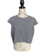 IMNYC Isaac Mizrahi Women's Navy Stripe Crop Top Blouse 1/4 Zip Back Size Large