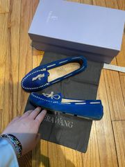 Dorian Lapis Suede Bow Accents Moccasins Loafers Flats Casual Round-Toes Women's Shoes Blue Size 8 Imported Italy Designer Luxury