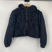 Urban Outfitters BDG Jacket Cropped Hooded Fuzzy Teddy Zip Up Drawcord Black XS