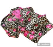 Nick & Nora Leopard Rose Ruffle Cuff 2 Piece Button-up Pajama Set, Sz Medium