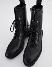 ZARA STUDDED LOW-HEELED LEATHER ANKLE BOOTS