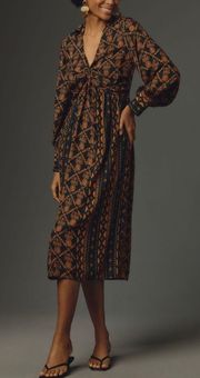 Printed V-Neck Tie Front Midi Dress, Size S