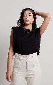 SHRUG IT OFF BLACK PADDED SHOULDER TEE 