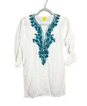 Roberta Roller Rabbit Embroidered Tunic Top Embroidered Linen White Medium