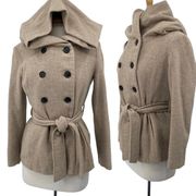 Zara Wool Blend Peacoat Tie Belted Waist Hooded Double Breasted Tan Womens M