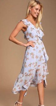 Lulus Cairo Periwinkle Floral Ruffle Midi Dress