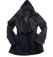 Calvin Klein Jacket Womens Small Black XIp Hooded Midi Tie Front Rain Coat Poly