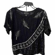 Vtg Joseph Le Bon Sequin Top Blouse Silver Black 100% Silk Feather Deco 80s M