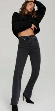 GOOD AMERICAN Hip Cut Out Black Wash Denim Jeans Button Fly Slit Ankle 6 28