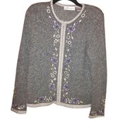 Dressbarn Silk Angora Wool Silk Floral Embroidered Full Zip Sweater Grey Small