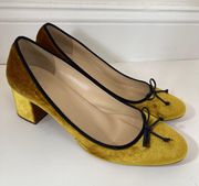 Evie Velvet Ballet Bow Round Toe Block Heels Gold US 11