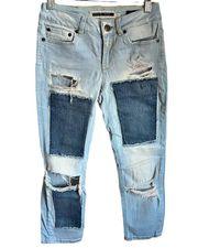 Patchwork Distressed Cropped Capri Denim Jeans