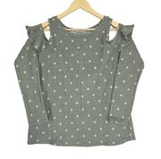 Promesa Womens Size M Ruffle Cold Shoulder Green Cream Polka-dot Sweater Top