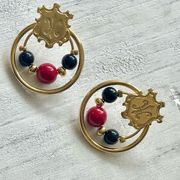 Gold tone red and black bead post earrings