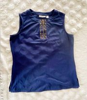 Susan Graver Brass Embellished Navy Blue Sleeveless Blouse Size Medium