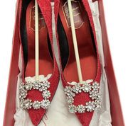 Roger Vivier Bridal Red Lace Flower Strass Crystal 65mm Pump Sz 36.5 New in box