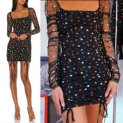 Camila Coelho Kiana Mini Dress in Black Multi, Polka Dot, Rainbow Dots. Size XS