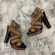 Ann Taylor Rosemary Canvas Platform High Heels Strappy size 7 brown tan black
