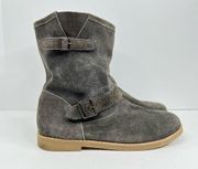 Coolway gray suede leather mid calf buckle slouchy low heel boots