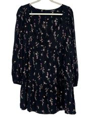 AFRM Channa Black Floral Mini Dress Ruched Neck Long Balloon Sleeves Size L