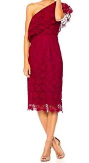 Nanette Lepore One-Shoulder Dress Lace Cranberry Red Midi Size 10 NWT $159.00