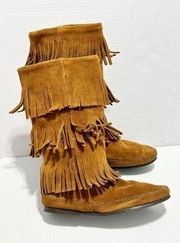 Minnetonka Women's Moccasins Suede Leather Pull-On Layer Fringe Boots Tan Size 8