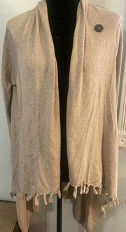 Matilda Jane, Size XS Warm Smile Wrap, Beige Cardigan Sweater Fringe Bottom