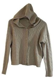 Hem & Thread Women's Hooded Cardigan Sweater Knit Ribbed Button Down Tan Small