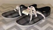 Deb Womens Canvas Tennis Shoes black, white, gray plaid w/ white laces size 6