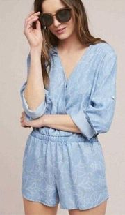 Anthropologie  Cloth & Stone Chambray Romper Shorts Blue White Small S RARE HTF