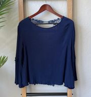 Navy Blue Crochet Open Back Bell Sleeve Long Sleeve Blouse Top