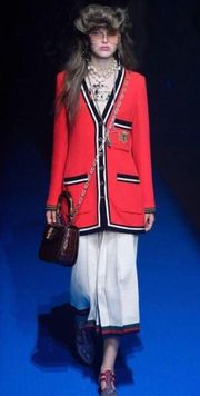 ST JOHN By MARIE GRAY Sportswear 3-Pocket Red Blk Ecru Open Cardigan Jacket EUC M VNTG