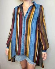 Cupio Oversized Long Striped Sheer Button Up Blouse