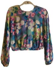 Multicolor Silk Flower Print Long Sleeve Sheer Top