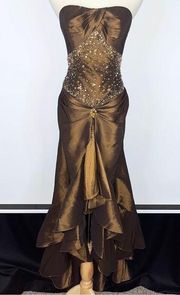 Brown Satin Strapless High Low Beaded Sequin Formal Gown 10