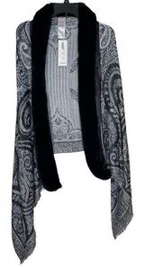 Chicos Women Paisley Print Removable Faux Fur Wrap Open Front Gray One Size NWT