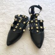 Black Tulum Gold Studded Ankle Strap Pointed Flat Loafers
