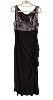 ALEX EVENINGS Dress 16 Ruffle Sequins Satin Trim Scoop Sleeveless Gown Black