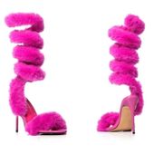 Azalea Wang Hot Pink Faux Fur Coil Wrap Stiletto Sandals Heels Size 7 Yaseen