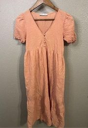 Pull & Bear Peach Pink Puff Sleeve Midi Dress Size Small