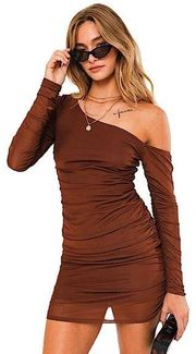 NEW Le Lis Brown Mesh Long Sleeve One Shoulder Bodycon Mini Dress Size Small