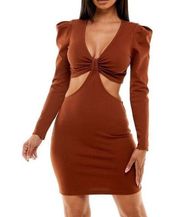 NEW Socialite Long Sleeve Cutout Bodycon Mini Dress Sz S Brown Sexy Stretch