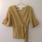 JOA Blouse Gold Mustard Yellow Stripe Ruffle Sleeves Wrap Tie Top  Size Small