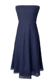 J Crew Navy Blue Textured Strapless Empire Waist Cotton Midi Dress Size Small