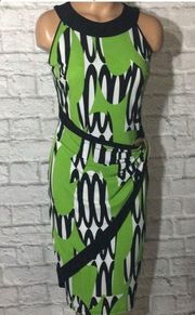 JOSEPH RIBKOFF VINTAGE HALTER GREEN BLACK FAUX WRAP DRESS WITH GOLD ACCENT