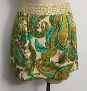 NWOT Milly Silk Paisley Mini Skirt Size 4 Cream Gold and Green